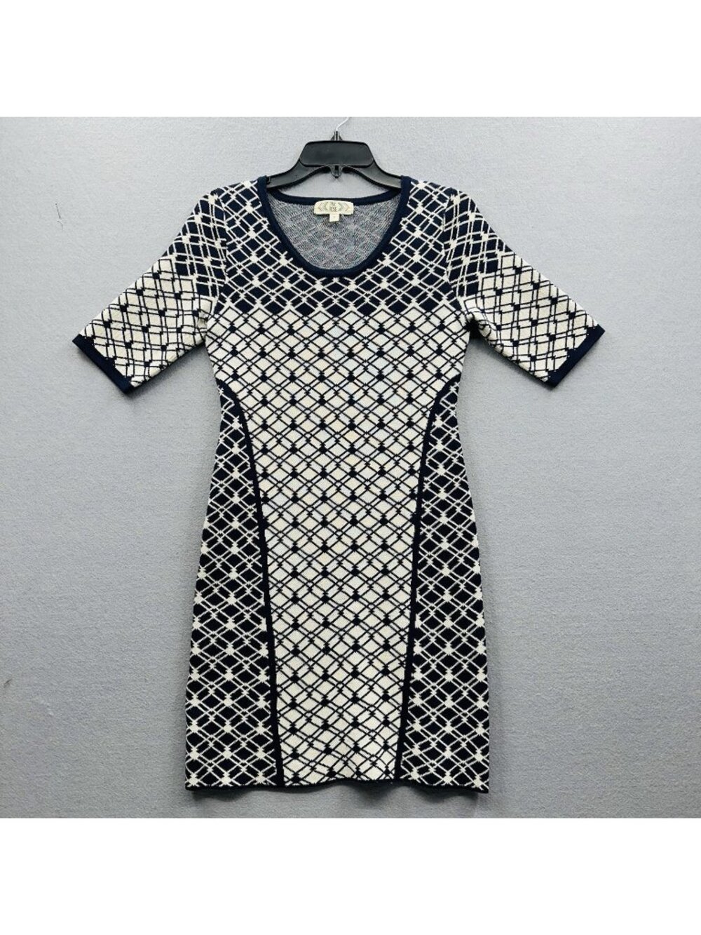 Pink Rose Sweater Dress S Navy Tan Geometric Print 3/4 Sleeve Bodycon Short Mini